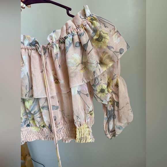 H&M hm Off the Shoulder Ruffle Beige Pink Yellow Floral Print Chiffon Top 2 NWT - Picture 15 of 16
